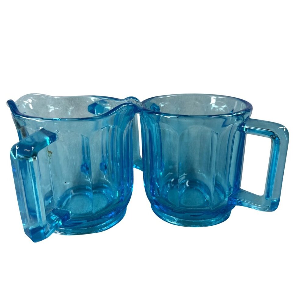 Vintage Art Deco Blue Glass Creamer Sugar Set with Handles Kitchen Dining Decor